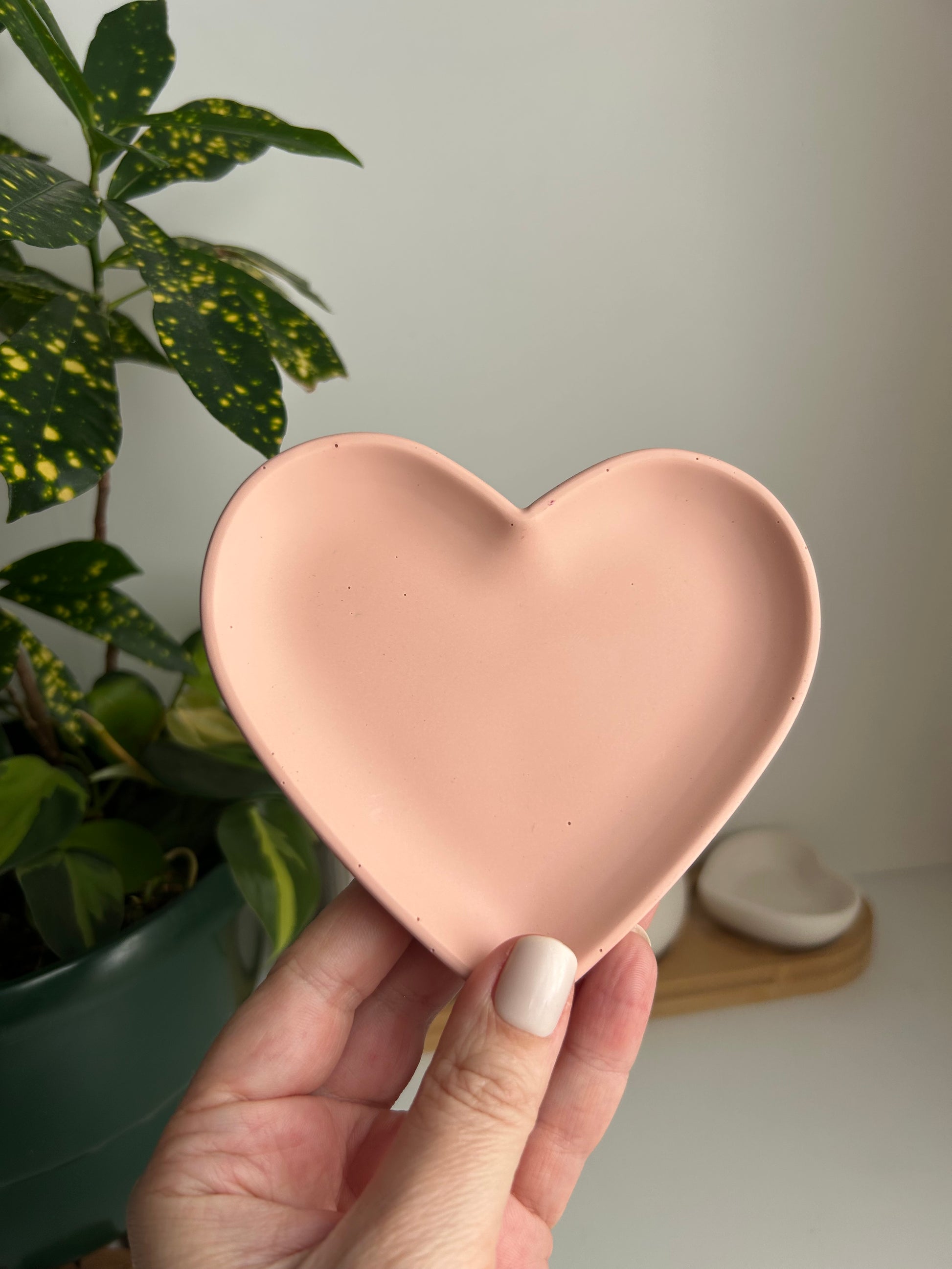 Heart-shaped salmon ceramic dish held by a hand with a plant in the background