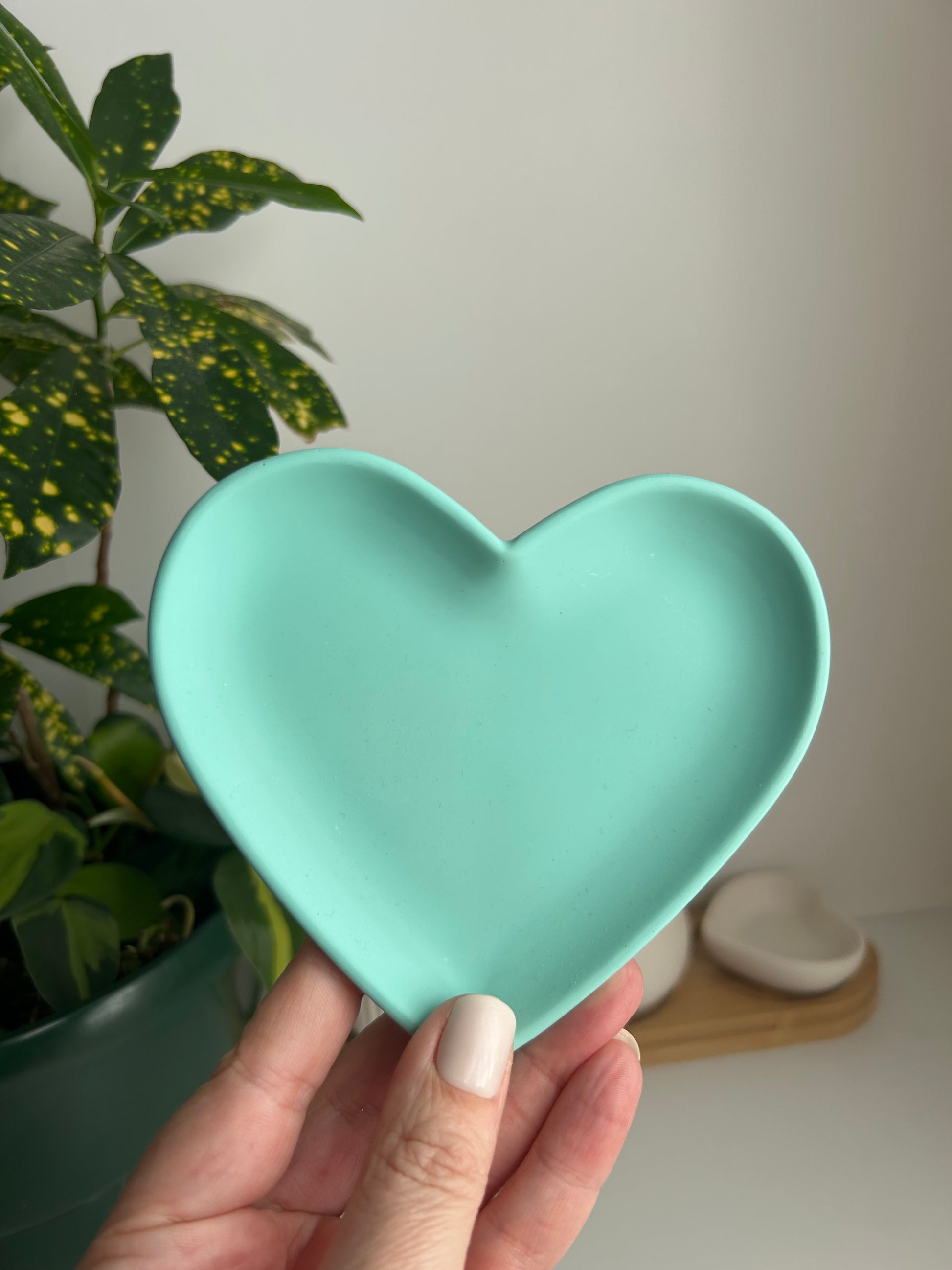 Heart-shaped light sea foam green dish held by a hand with a plant in the background